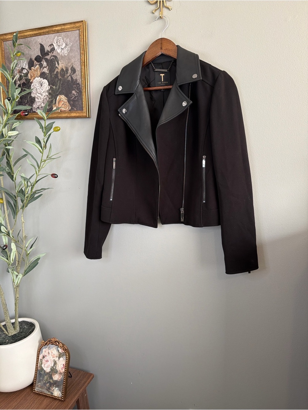 Ted Baker London Black Moto Jacket Faux Leather Trim Biker Size 1 Small - Picture 4 of 8